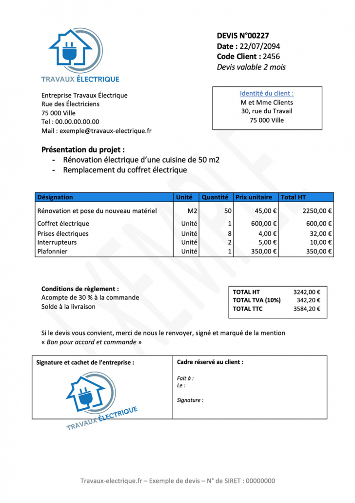 Devis de travaux électrique (exemple)